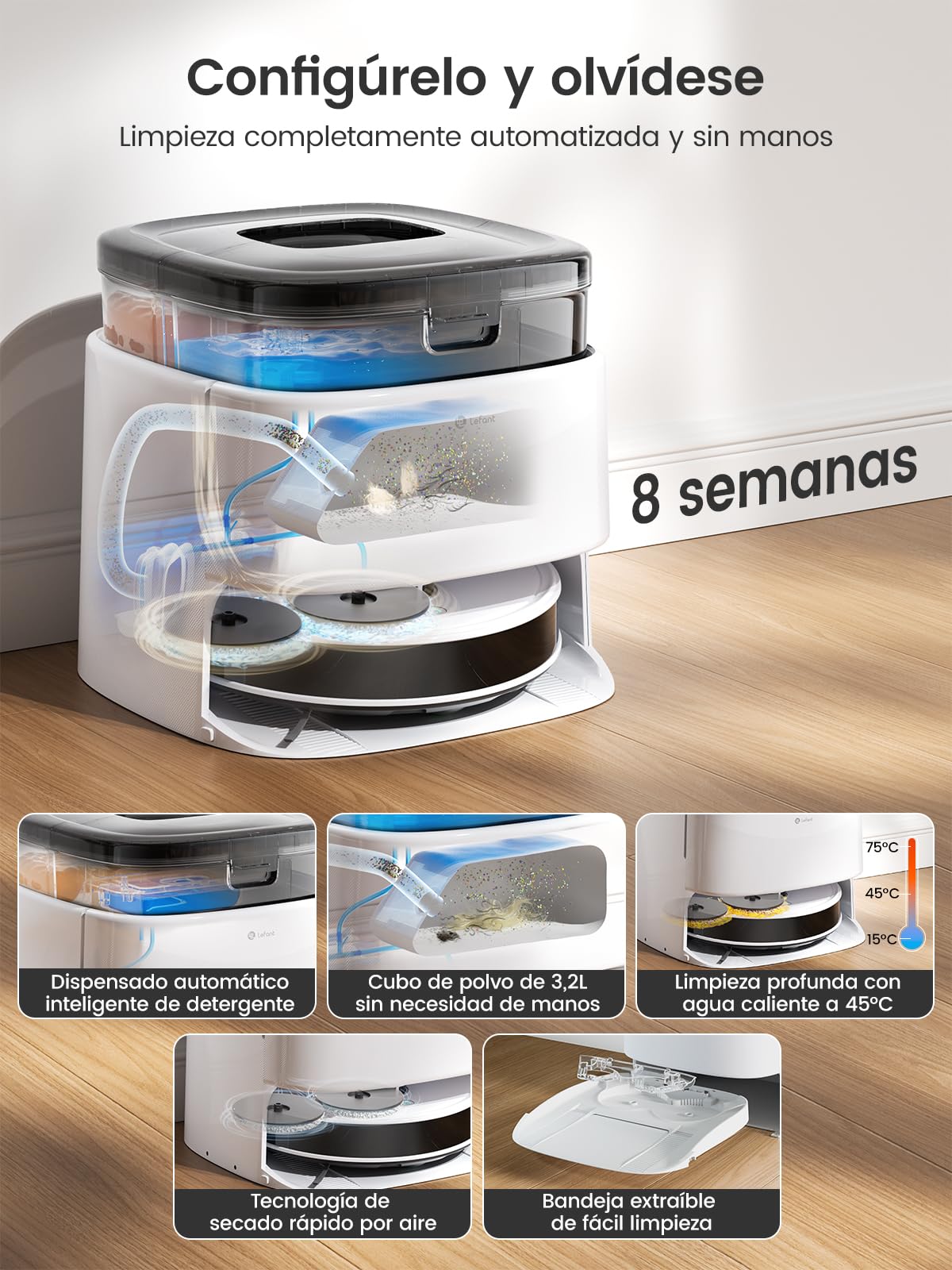LEFANT M3 Robot Aspirador y Fregasuelos, Potente Succión de 12000 Pa, Doble Giro Fregar, Lavado y Secado Automático