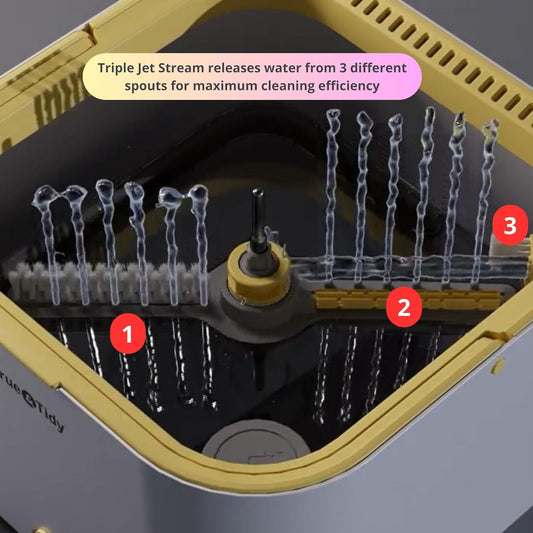 Sistema de fregona giratoria y cubo PRO con cubo interior desmontable, separa el agua limpia y sucia, autónomo, cabezal cuadrado plegable, flujo de chorro triple con cepillo oculto, 2 almohadillas
