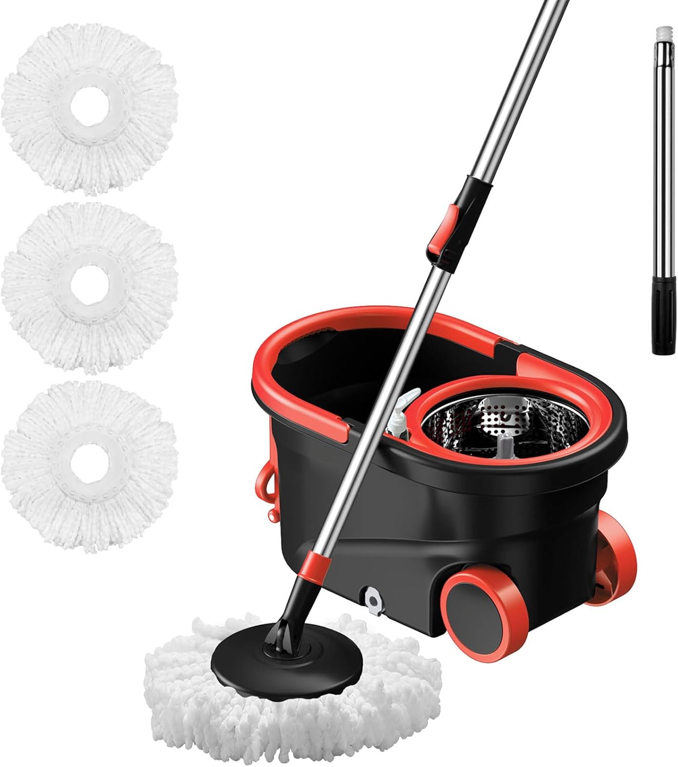 Mopa giratoria y cubo con juego de escurridor, sistema de cubo de fregona de cabeza giratoria de 360° con 3 recambios de fregona de microfibra en húmedo y seco, adecuado para oficina y uso doméstico,