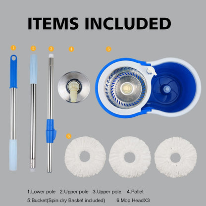 Trapeador giratorio y cubo con juego de escurridor, sistema de cubo giratorio de 360° con 3 cabezales de repuesto de fregona de microfibra y mango ajustable de acero inoxidable de 61 pulgadas para
