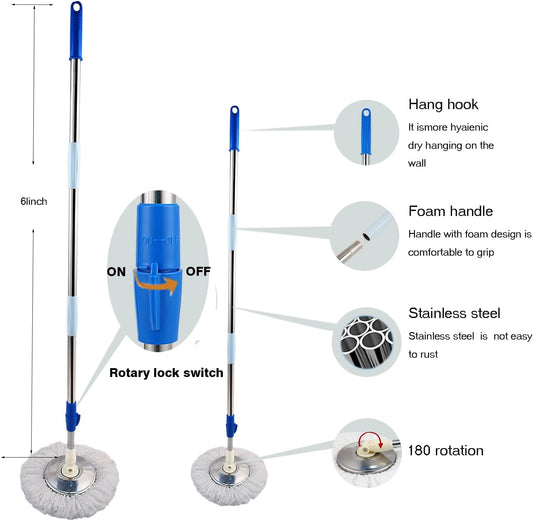 Trapeador giratorio y cubo con juego de escurridor, sistema de cubo giratorio de 360° con 3 cabezales de repuesto de fregona de microfibra y mango ajustable de acero inoxidable de 61 pulgadas para
