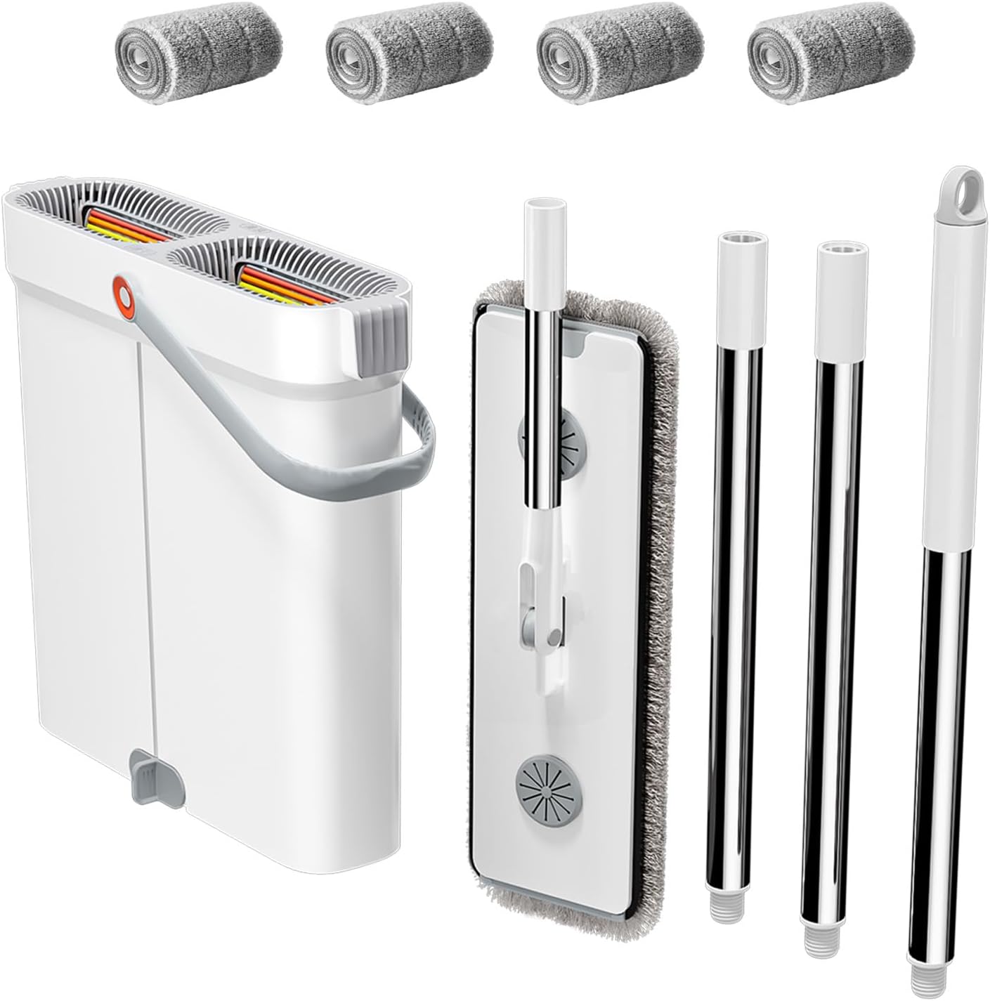 Juego de fregona y cubo con escurridor para el hogar, cubo de fregona plana manos libres, sistema de limpieza de suelos en seco y húmedo para todo tipo de suelos y ventanas, 4 almohadillas (juego de