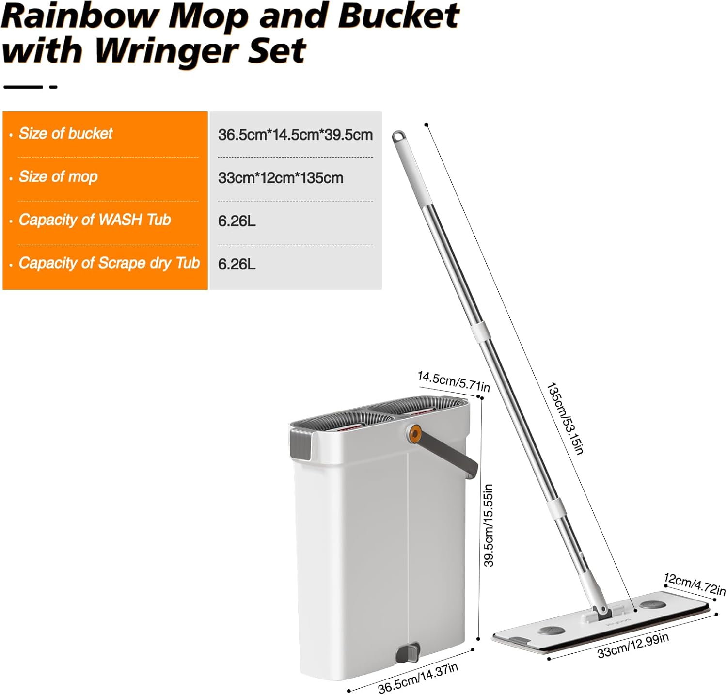 Juego de fregona y cubo con escurridor para el hogar, cubo de fregona plana manos libres, sistema de limpieza de suelos en seco y húmedo para todo tipo de suelos y ventanas, 4 almohadillas (juego de