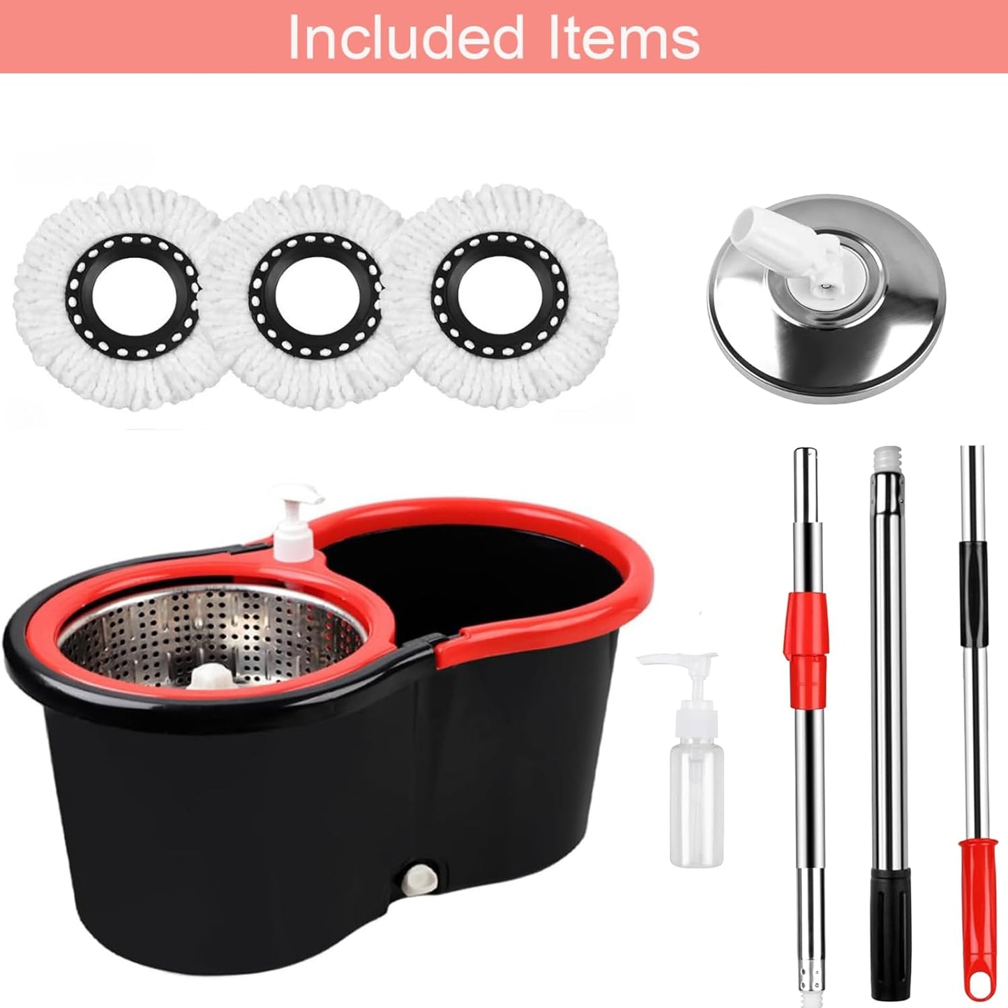 Juego de fregona giratoria y cubo con escurridor, sistema de cubo giratorio de 360° con 3 cabezales de repuesto de fregona de microfibra, mango extendido de acero inoxidable de 61 pulgadas para