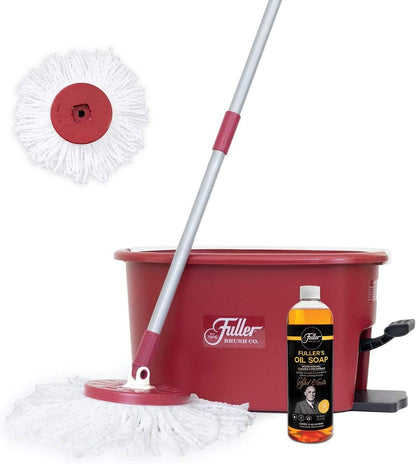 Fuller Brush Sistema de Cubo de fregona giratoria, fácil de escurrir, Giro de 360°, Limpieza de Suelos sin Rayas, 2 Cabezales de fregona de Microfibra, además de jabón de Aceite de Doble Resistencia