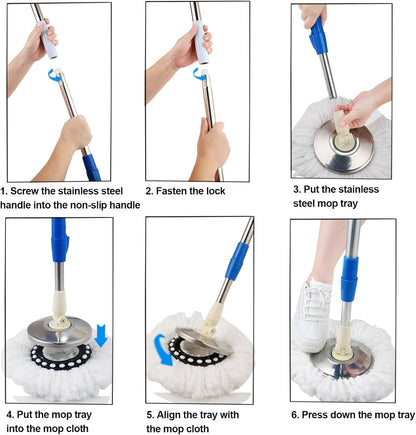 Trapeador giratorio y cubo con juego de escurridor, sistema de cubo giratorio de 360° con 3 cabezales de repuesto de fregona de microfibra y mango ajustable de acero inoxidable de 61 pulgadas para