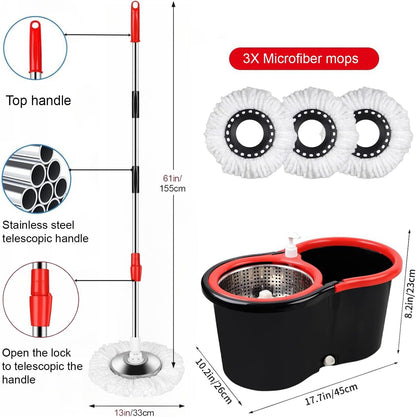 Juego de fregona giratoria y cubo con escurridor, sistema de cubo giratorio de 360° con 3 cabezales de repuesto de fregona de microfibra, mango extendido de acero inoxidable de 61 pulgadas para