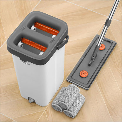 Juego de fregona y cubo con escurridor para el hogar, juego de fregona plana y cubo con 3 almohadillas de microfibra lavables, trapeador húmedo y seco con mango largo, limpiador de pared para todo