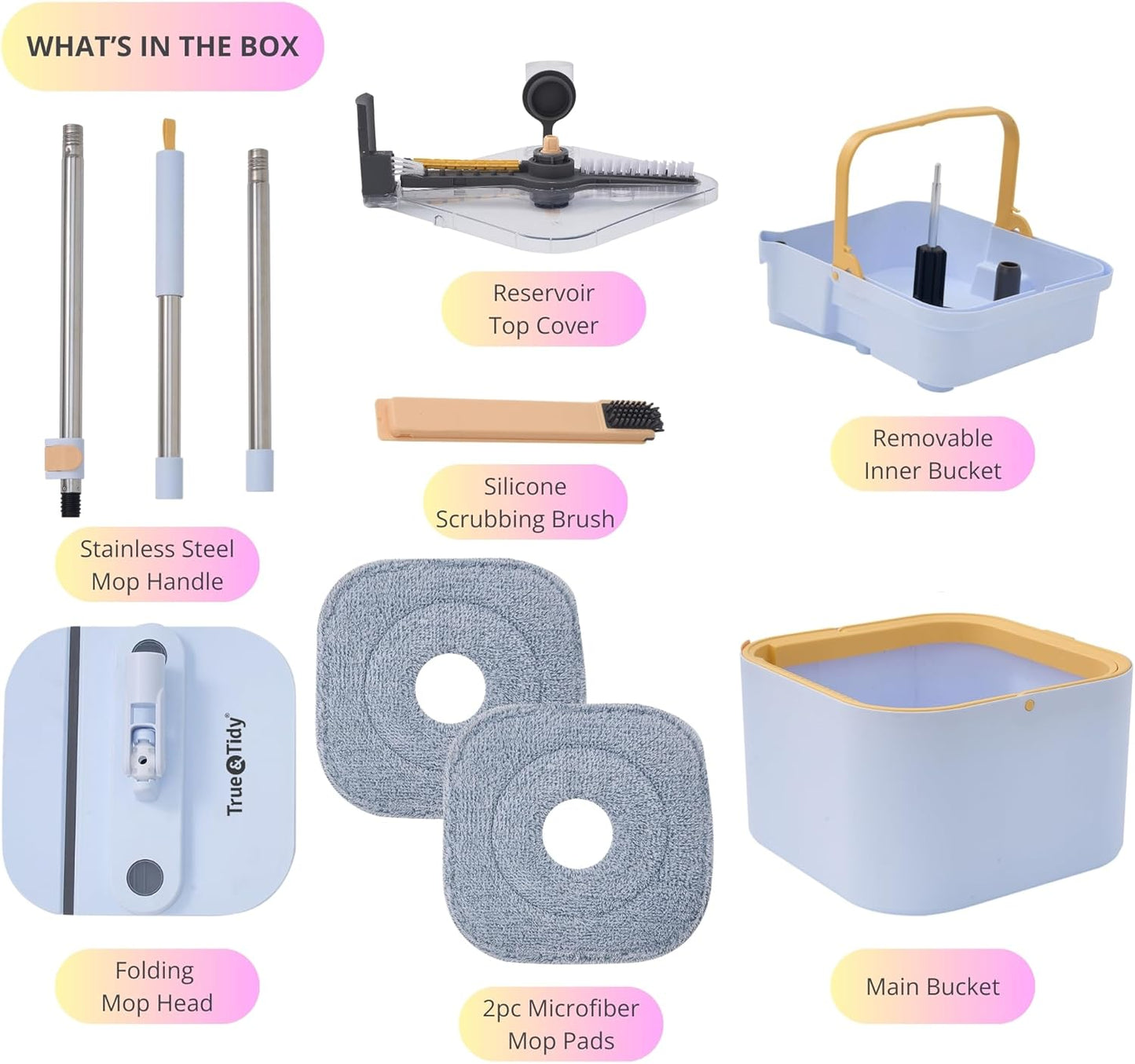 Sistema de fregona giratoria y cubo PRO con cubo interior desmontable, separa el agua limpia y sucia, autónomo, cabezal cuadrado plegable, flujo de chorro triple con cepillo oculto, 2 almohadillas