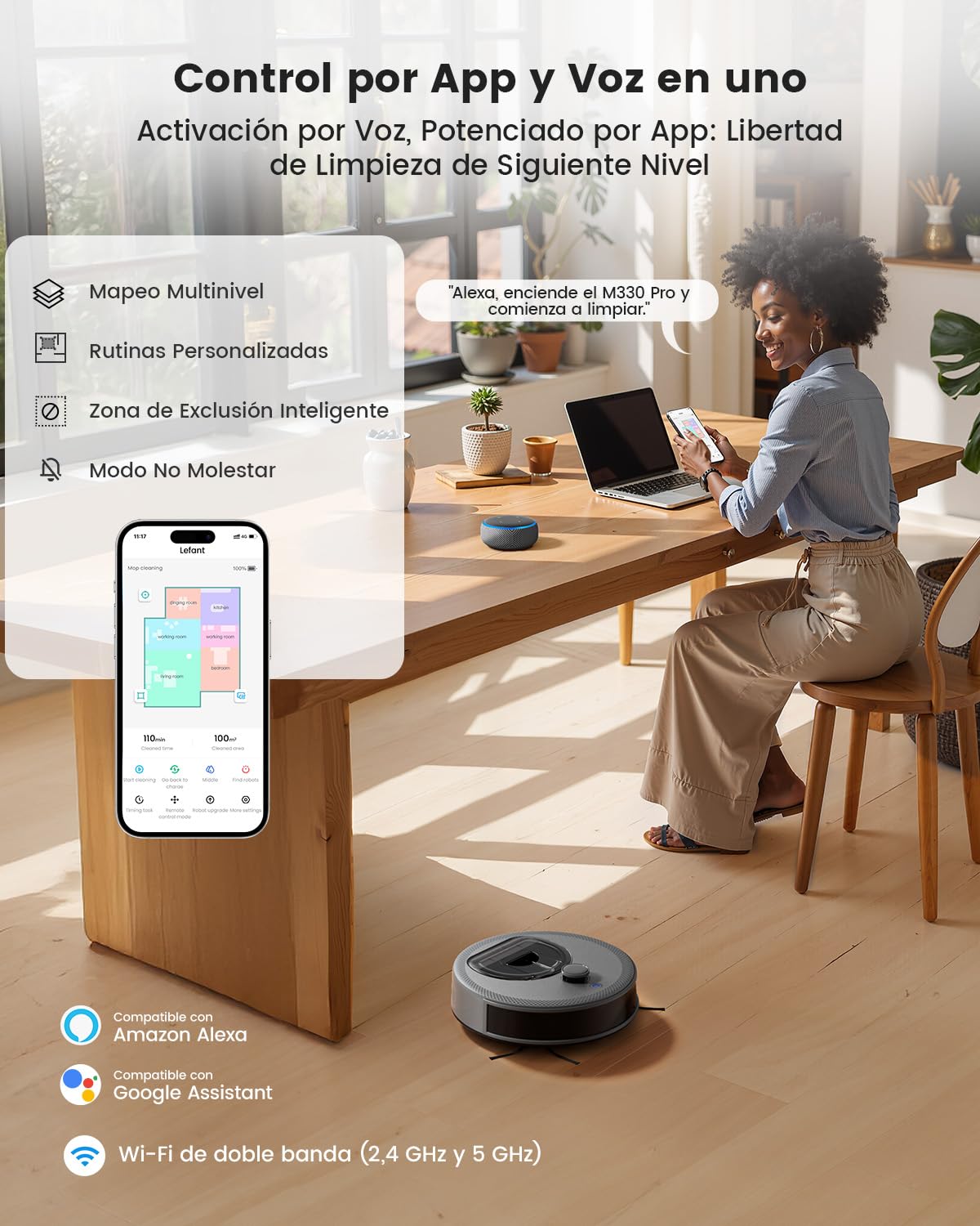LEFANT M330 Pro Robot Aspirador y Fregasuelos con Mapeo 3 en 1, Navegación dToF, 5000Pa, Diámetro 28cm, Evitación de Obstáculos PSD 190°