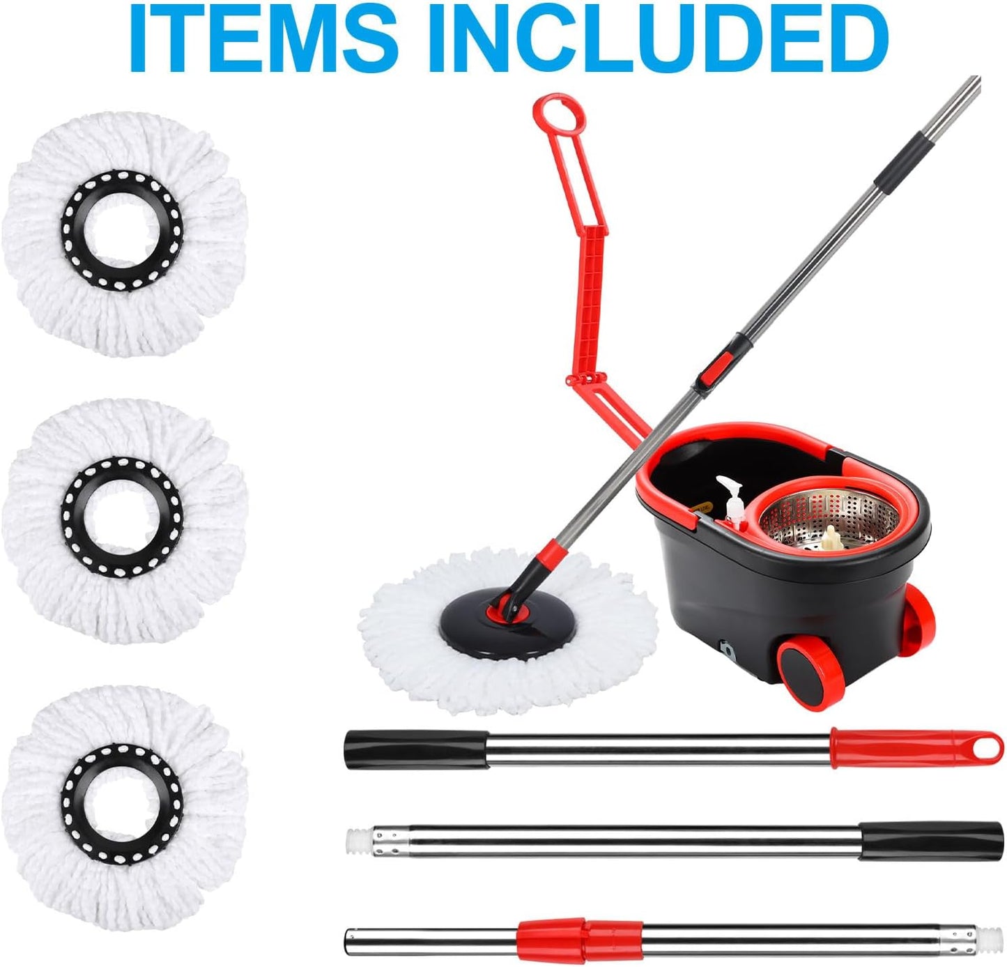 Mopa giratoria y cubo con juego de escurridor, sistema de cubo de fregona de cabeza giratoria de 360° con 3 recambios de fregona de microfibra en húmedo y seco, adecuado para oficina y uso doméstico,