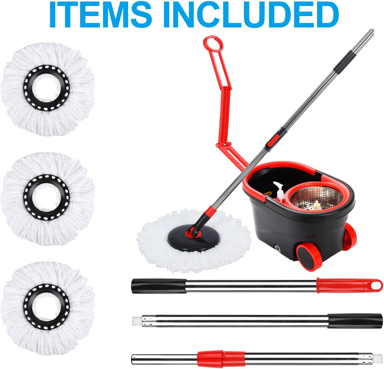 Mopa giratoria y cubo con juego de escurridor, sistema de cubo de fregona de cabeza giratoria de 360° con 3 recambios de fregona de microfibra en húmedo y seco, adecuado para oficina y uso doméstico,