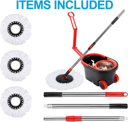 Mopa giratoria y cubo con juego de escurridor, sistema de cubo de fregona de cabeza giratoria de 360° con 3 recambios de fregona de microfibra en húmedo y seco, adecuado para oficina y uso doméstico,