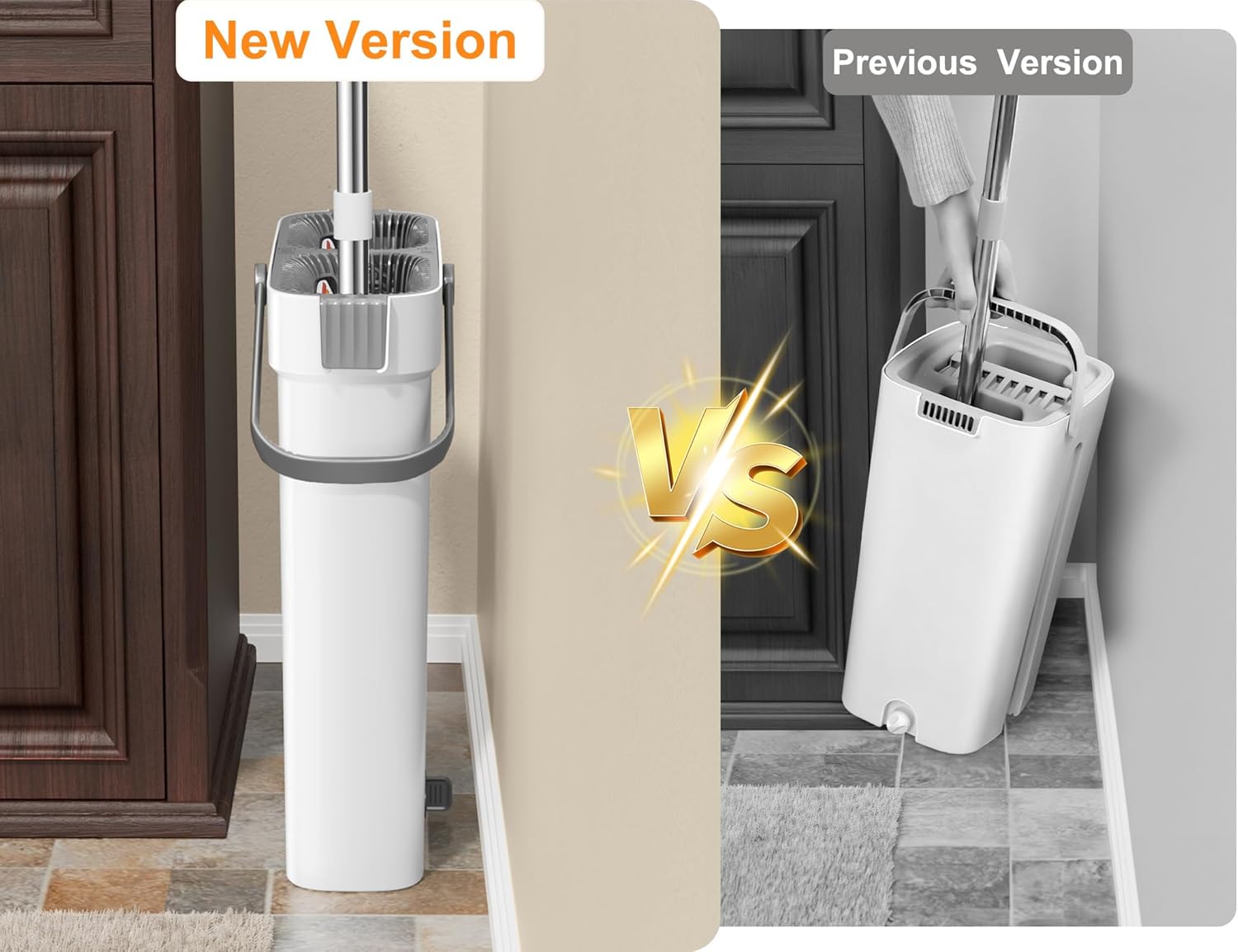 Juego de fregona y cubo con escurridor para el hogar, cubo de fregona plana manos libres, sistema de limpieza de suelos en seco y húmedo para todo tipo de suelos y ventanas, 4 almohadillas (juego de