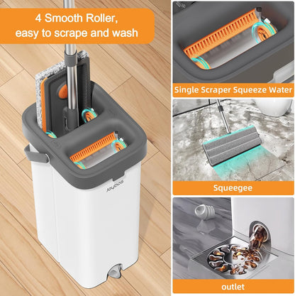 Juego de fregona y cubo con escurridor para el hogar, juego de fregona plana y cubo con 3 almohadillas de microfibra lavables, trapeador húmedo y seco con mango largo, limpiador de pared para todo