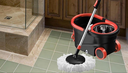 Mopa giratoria y cubo con juego de escurridor, sistema de cubo de fregona de cabeza giratoria de 360° con 3 recambios de fregona de microfibra en húmedo y seco, adecuado para oficina y uso doméstico,