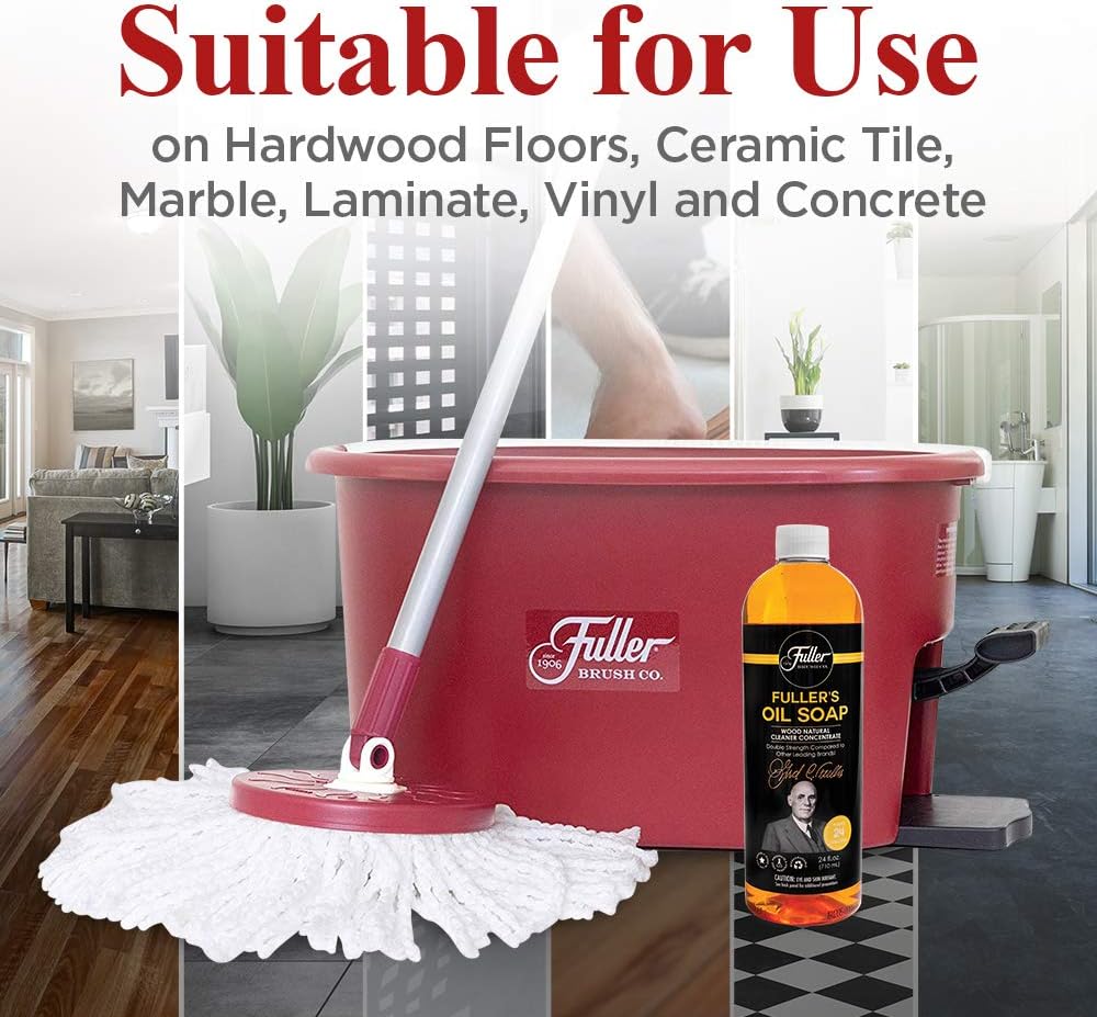 Fuller Brush Sistema de Cubo de fregona giratoria, fácil de escurrir, Giro de 360°, Limpieza de Suelos sin Rayas, 2 Cabezales de fregona de Microfibra, además de jabón de Aceite de Doble Resistencia