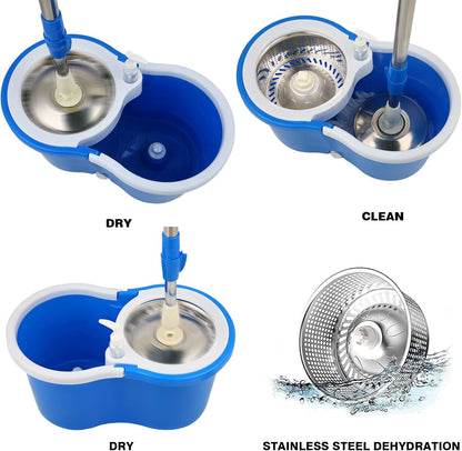 Trapeador giratorio y cubo con juego de escurridor, sistema de cubo giratorio de 360° con 3 cabezales de repuesto de fregona de microfibra y mango ajustable de acero inoxidable de 61 pulgadas para