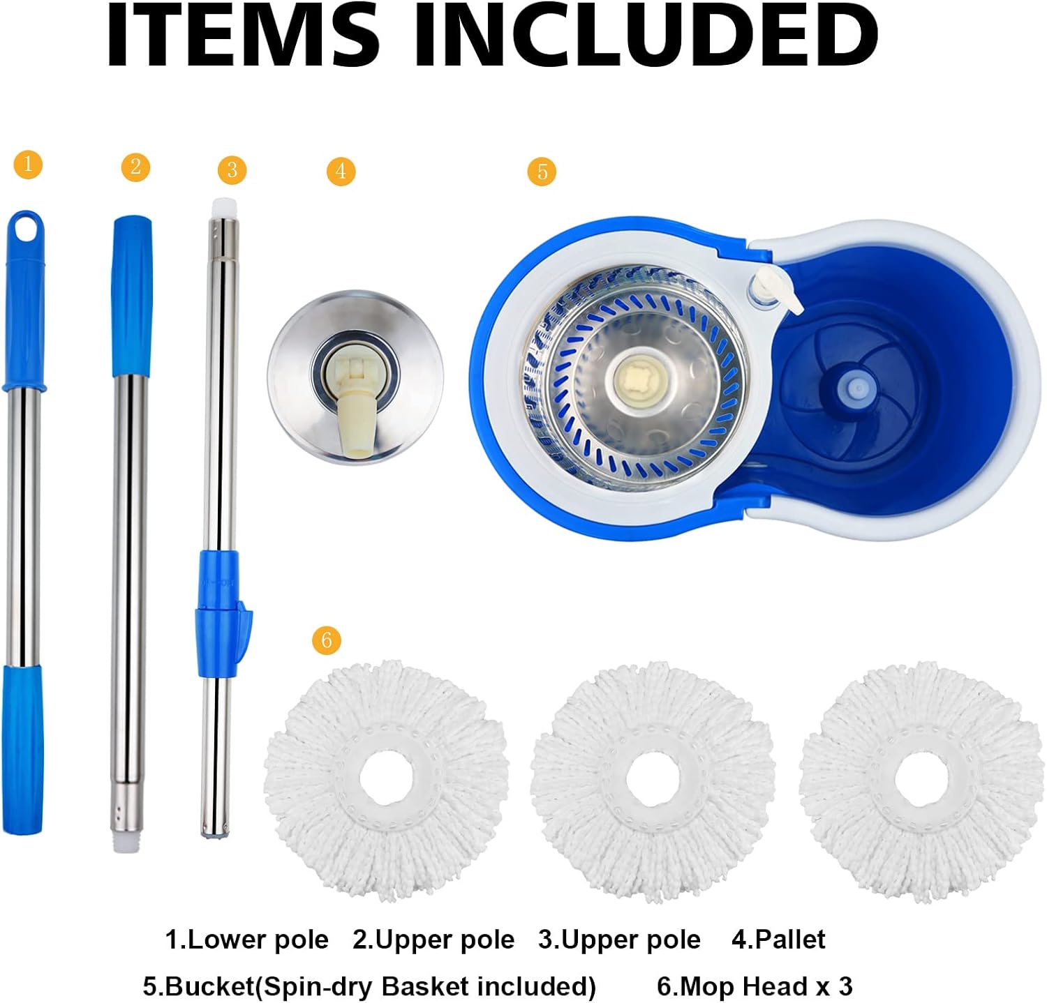 Sistema de fregona y cubo giratorio, fregona giratoria de microfibra 360 y cubo con juego de escurridor y mango extendido de 61 pulgadas, cubo de fregona con 3 recambios de cabezal de repuesto para