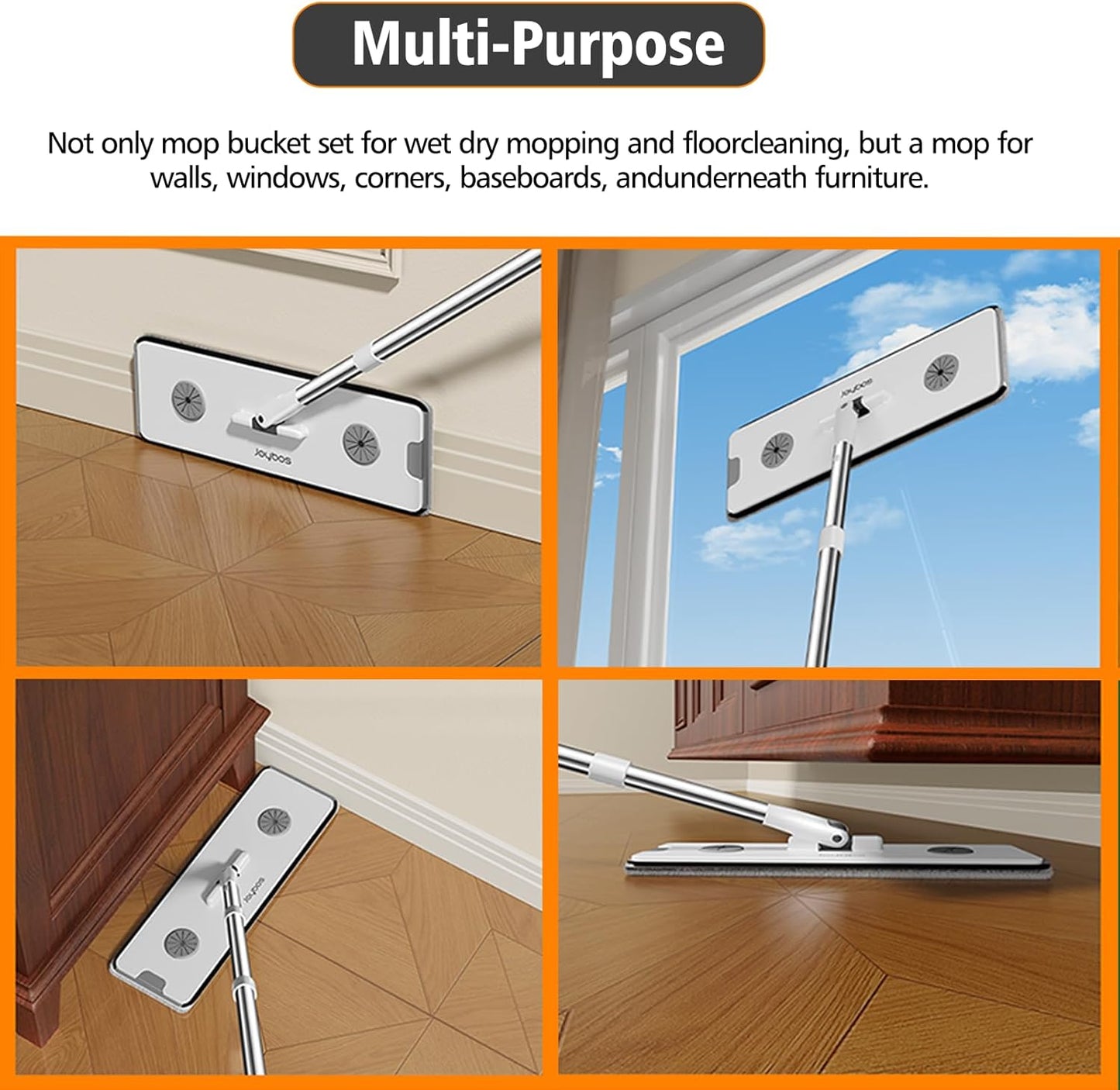 Juego de fregona y cubo con escurridor para el hogar, cubo de fregona plana manos libres, sistema de limpieza de suelos en seco y húmedo para todo tipo de suelos y ventanas, 4 almohadillas (juego de