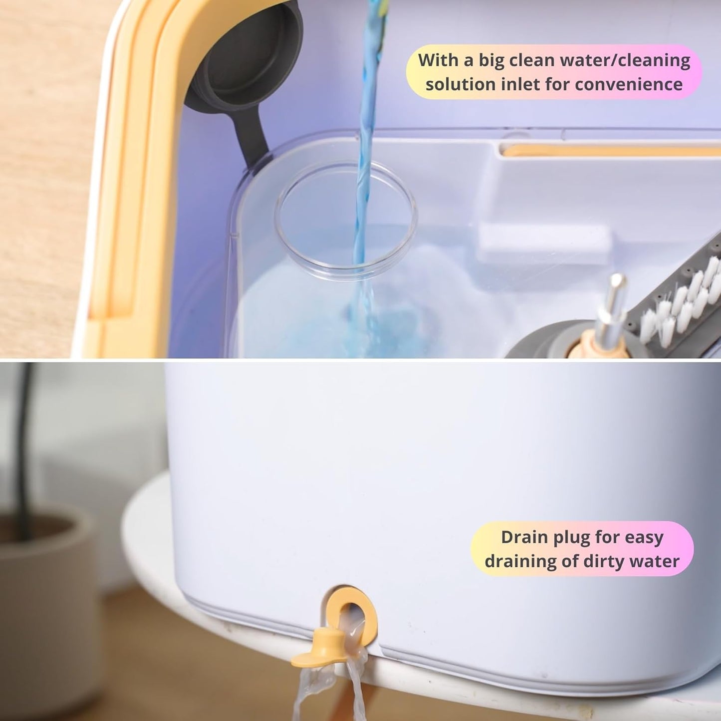 Sistema de fregona giratoria y cubo PRO con cubo interior desmontable, separa el agua limpia y sucia, autónomo, cabezal cuadrado plegable, flujo de chorro triple con cepillo oculto, 2 almohadillas