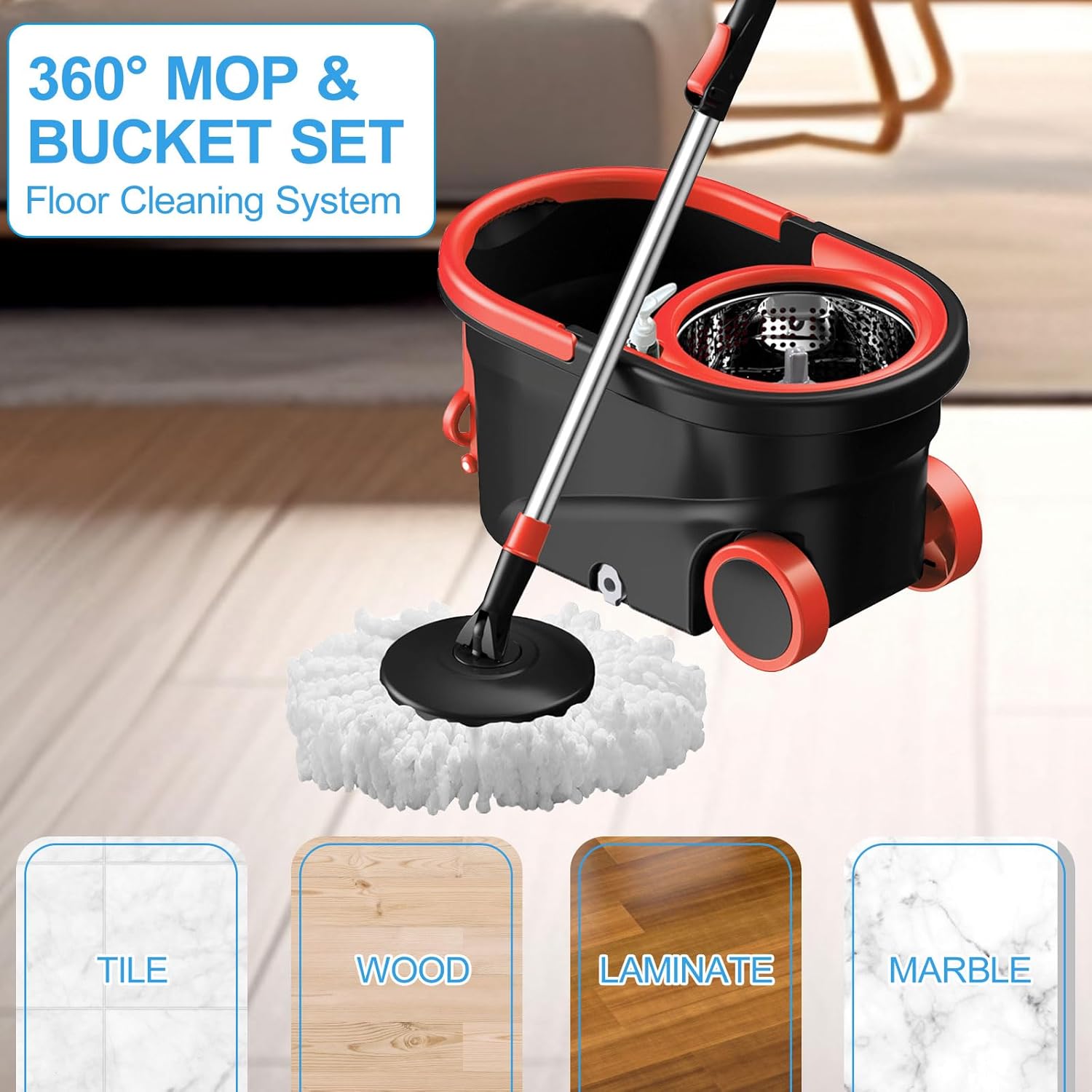 Mopa giratoria y cubo con juego de escurridor, sistema de cubo de fregona de cabeza giratoria de 360° con 3 recambios de fregona de microfibra en húmedo y seco, adecuado para oficina y uso doméstico,