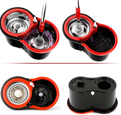 Juego de fregona y cubo con escurridor, fregona giratoria de microfibra de 360° con cubo y cabezales de fregona dobles, fregona giratoria autoescurrida, mango telescópico, fácil de fregona