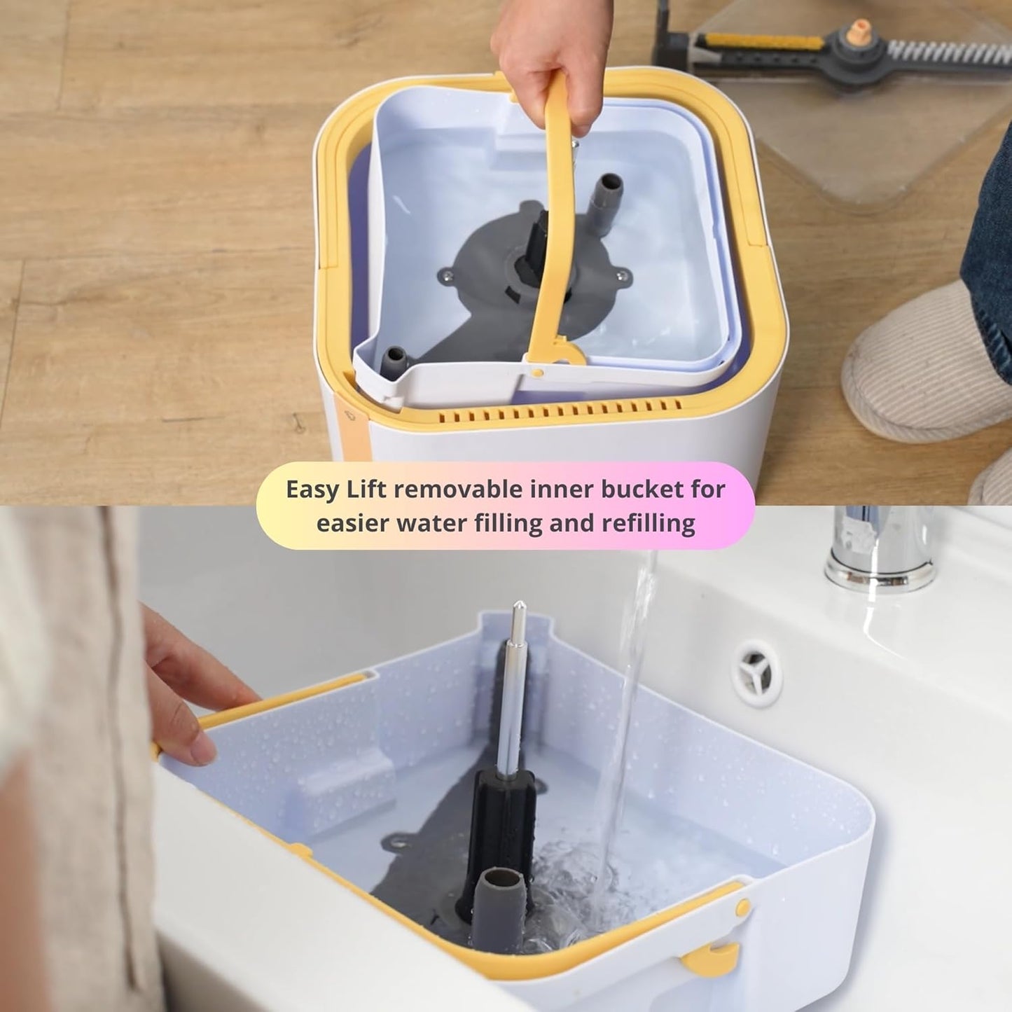 Sistema de fregona giratoria y cubo PRO con cubo interior desmontable, separa el agua limpia y sucia, autónomo, cabezal cuadrado plegable, flujo de chorro triple con cepillo oculto, 2 almohadillas