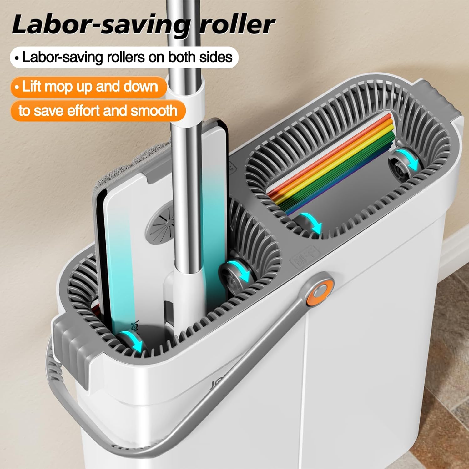 Juego de fregona y cubo con escurridor para el hogar, cubo de fregona plana manos libres, sistema de limpieza de suelos en seco y húmedo para todo tipo de suelos y ventanas, 4 almohadillas (juego de