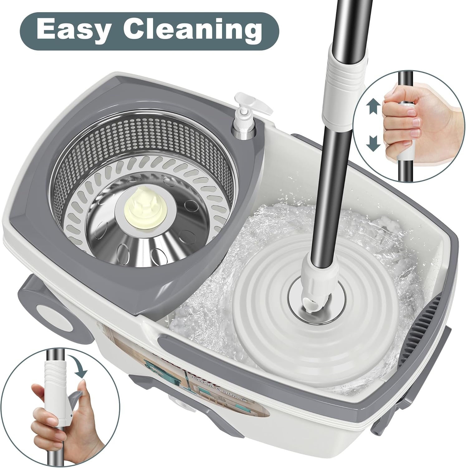 Mopa y cubo con juego de escurridor, sistema de fregona giratoria y cubo, fregonas para limpieza de suelos, herramientas de suministros para el hogar con 6 recambios de repuesto, mango extendido de 61