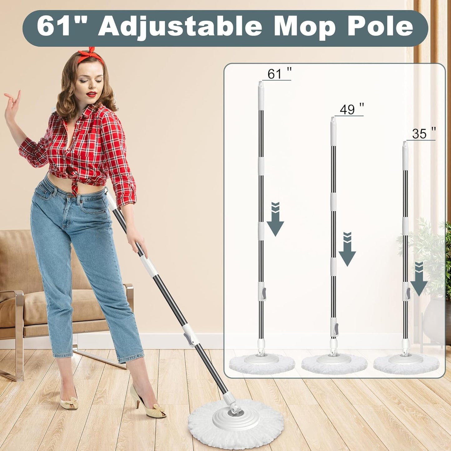 Mopa y cubo con juego de escurridor, sistema de fregona giratoria y cubo, fregonas para limpieza de suelos, herramientas de suministros para el hogar con 6 recambios de repuesto, mango extendido de 61