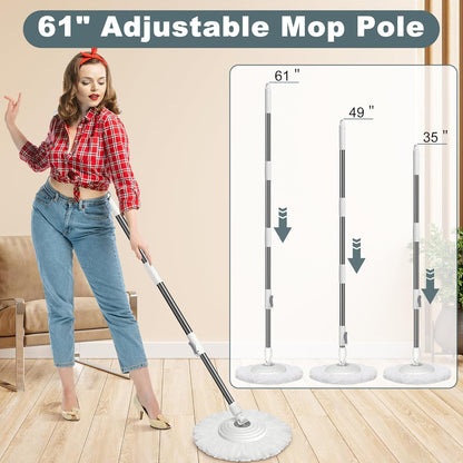 Mopa y cubo con juego de escurridor, sistema de fregona giratoria y cubo, fregonas para limpieza de suelos, herramientas de suministros para el hogar con 6 recambios de repuesto, mango extendido de 61