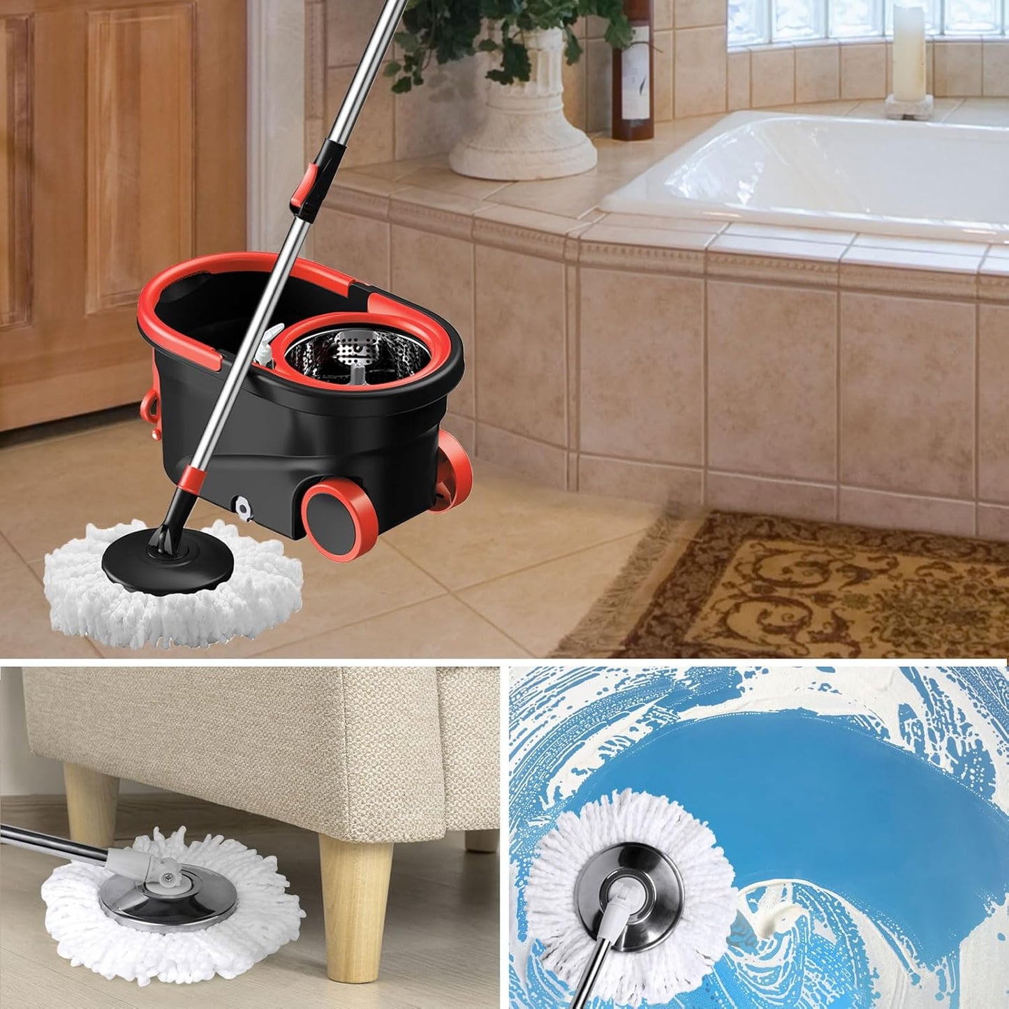 Mopa giratoria y cubo con juego de escurridor, sistema de cubo de fregona de cabeza giratoria de 360° con 3 recambios de fregona de microfibra en húmedo y seco, adecuado para oficina y uso doméstico,