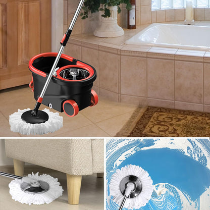 Mopa giratoria y cubo con juego de escurridor, sistema de cubo de fregona de cabeza giratoria de 360° con 3 recambios de fregona de microfibra en húmedo y seco, adecuado para oficina y uso doméstico,