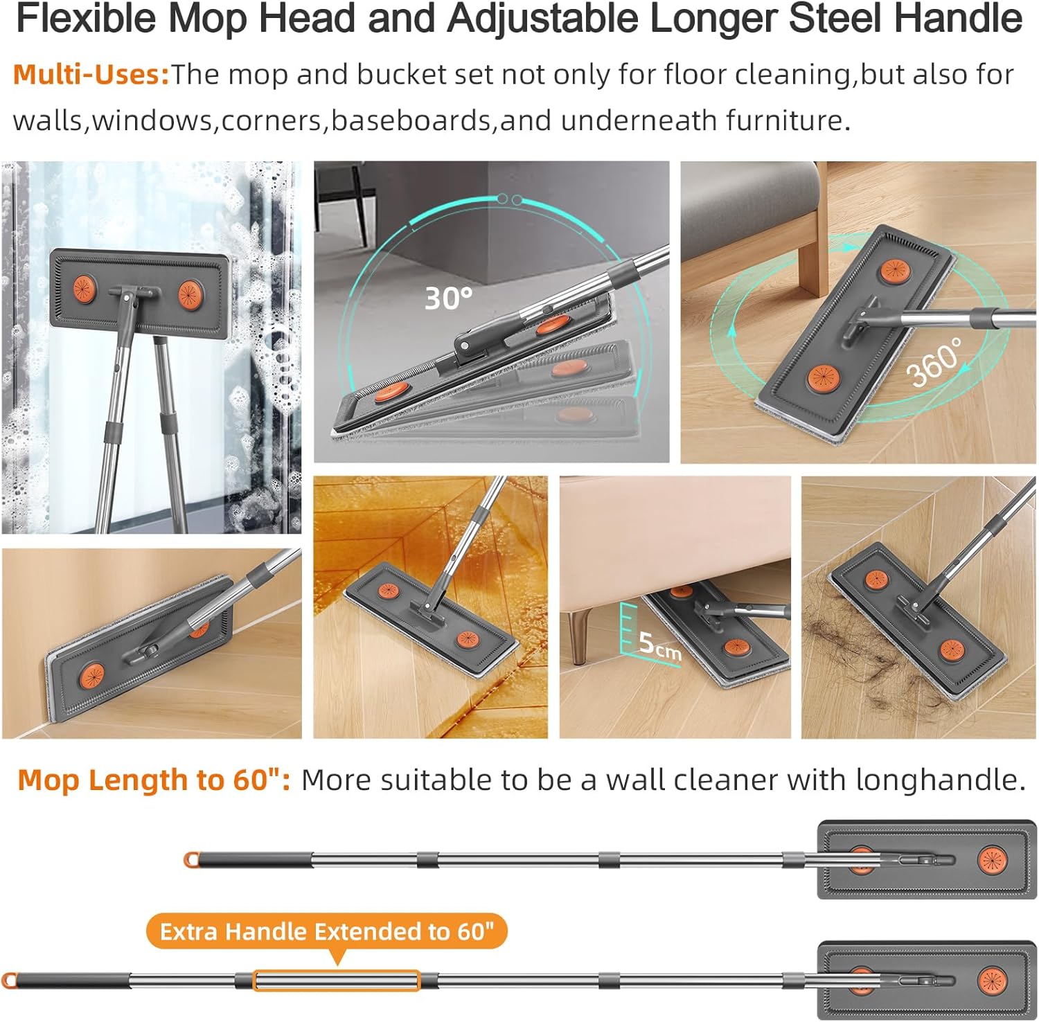 Juego de fregona y cubo con escurridor para el hogar, juego de fregona plana y cubo con 3 almohadillas de microfibra lavables, trapeador húmedo y seco con mango largo, limpiador de pared para todo