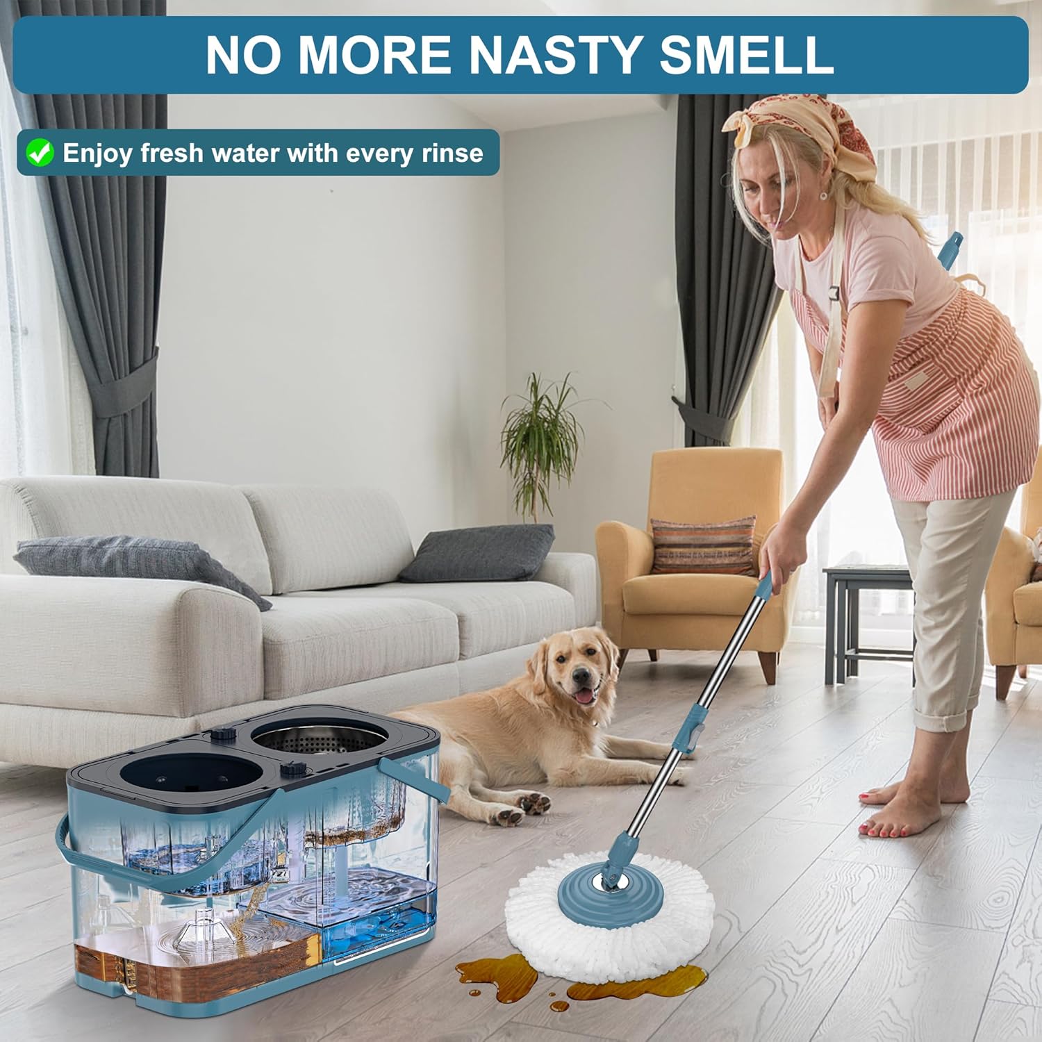 Sistema de fregona giratoria y Cubo, Separa el Agua Sucia y Limpia, diseño de 4 cámaras, fregona y Cubo con Juego de escurridor, Uso en húmedo y seco, Las Mejores Herramientas de Limpieza de Pisos