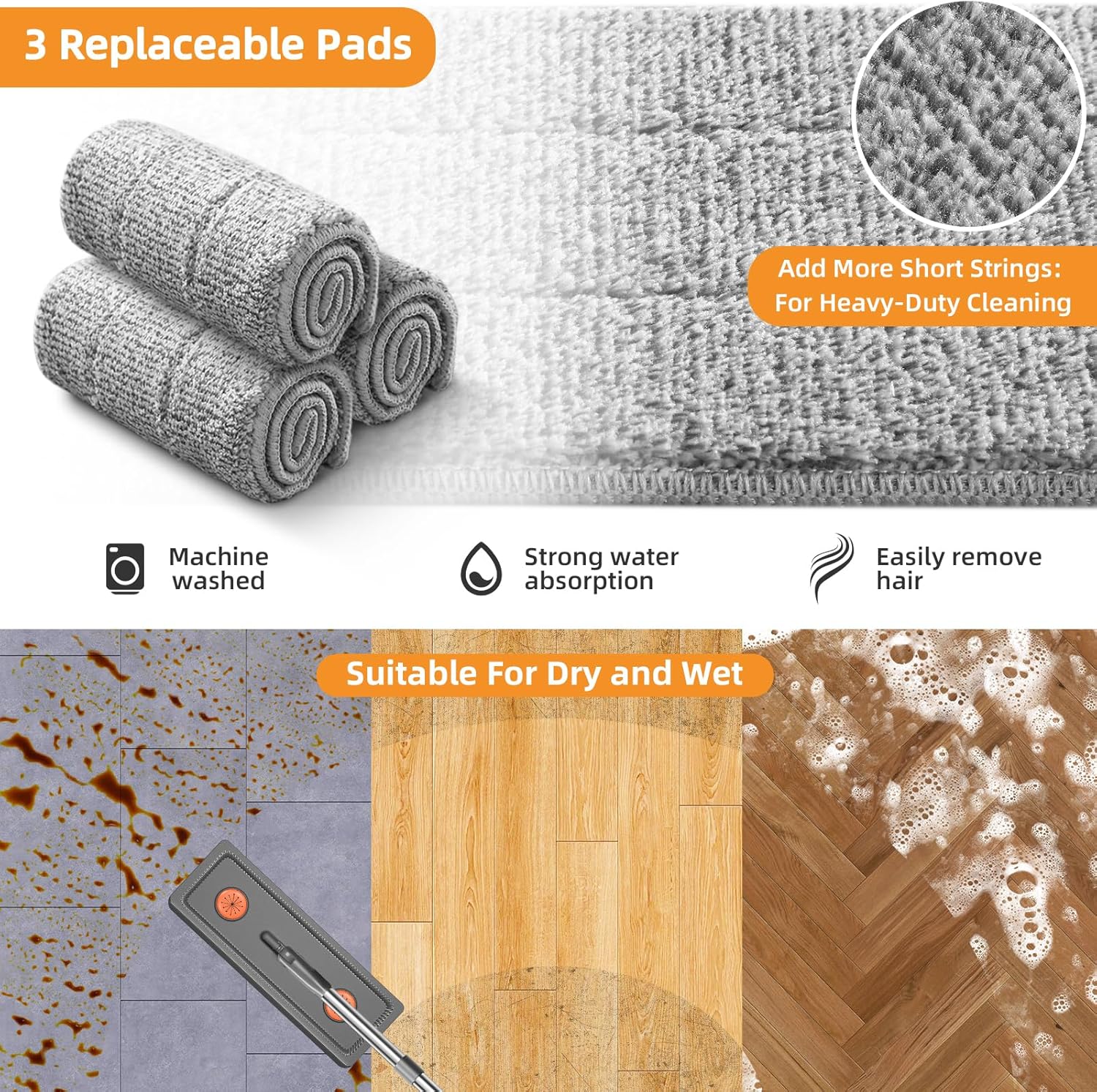 Juego de fregona y cubo con escurridor para el hogar, juego de fregona plana y cubo con 3 almohadillas de microfibra lavables, trapeador húmedo y seco con mango largo, limpiador de pared para todo